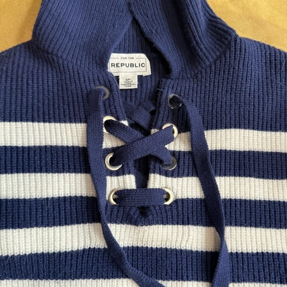 For the Republic Rugby Collar Navy & White Striped Lace up Nautical Soft Sweater - Picture 3 of 10
